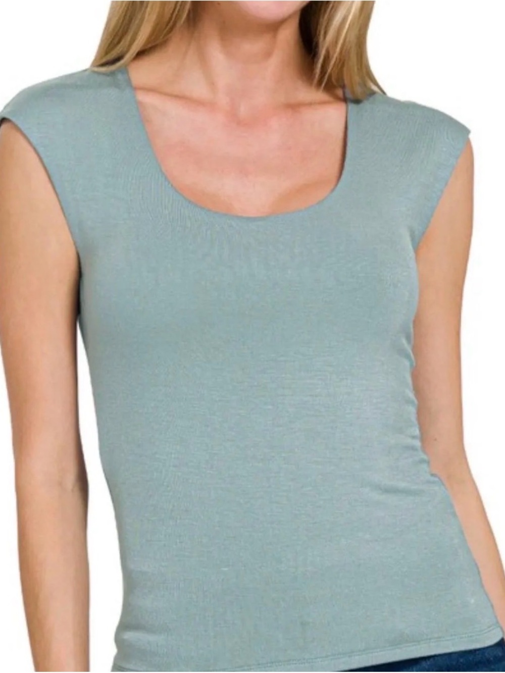 Zenana Outfitters Rayon Blue/Grey Scoop Neck Cap Sleeve  Top